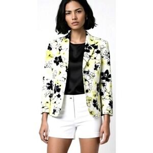 Stresa Women's Blazer Jacket EUC Size 10 Floral  White Black Green Yellow Career